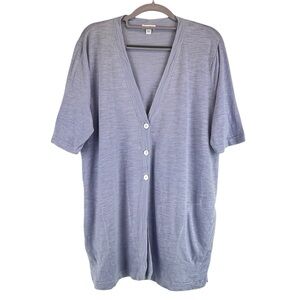 J Jill Light Blue Linen Blend Short Sleeve Long Cardigan Sweater With Pockets L